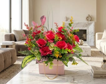 Caja de regalo con arreglo floral de rosas rojas hechas a mano, ramo de flores artificiales, decoración para el hogar, centro de mesa para bodas, regalo para ella.