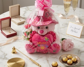 Oso de peluche para el Día de la Madre, Oso de peluche rosa con regalo envuelto en forma de corazón, Lindo regalo de peluche para mamá