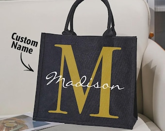 Bolsa de lona negra personalizada con monograma inicial personalizado