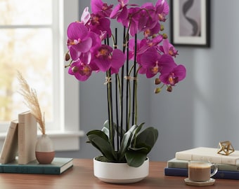 Orquídea púrpura artificial, flor artificial realista, centro de mesa en maceta de cerámica