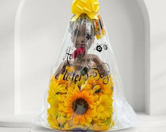 Cesta de regalo de girasoles para el Día de la Madre, arreglo floral artesanal con forma de muñeca, regalo único para mamá, decoración con flores amarillas, caja de regalo de recuerdo.