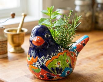 Maceta de Talavera pintada a mano con forma de pájaro – Maceta de cerámica de arte popular mexicano, jarrón de cerámica colorido hecho a mano