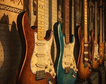 Vintage Stratocaster gitarr konsttryck, musikstudiodekor (digital nedladdning)