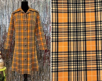 Vintage Coat Dress 1970s Plaid Dress Vintage 70s Pleated  Orange & Black Ivan Fredericks