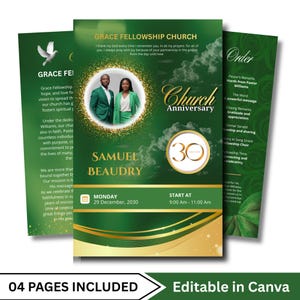 May include: A green and gold church anniversary flyer with the text "Grace Fellowship Church" and "Church Anniversary 30". The flyer includes photos of two people and event details.