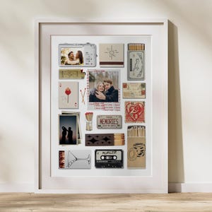 May include: A framed collage featuring photographs, matchboxes, and other memorabilia. The collage includes a photo of a couple, a vintage camera, and a cassette tape labeled "PLAYLIST". The overall theme is memories and romance.