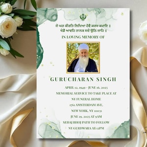 May include: A memorial card with a photo of a man in a white turban and beard. The card has text in English and Punjabi, including the name "Gurcharan Singh" and dates. Green and gold accents decorate the card.