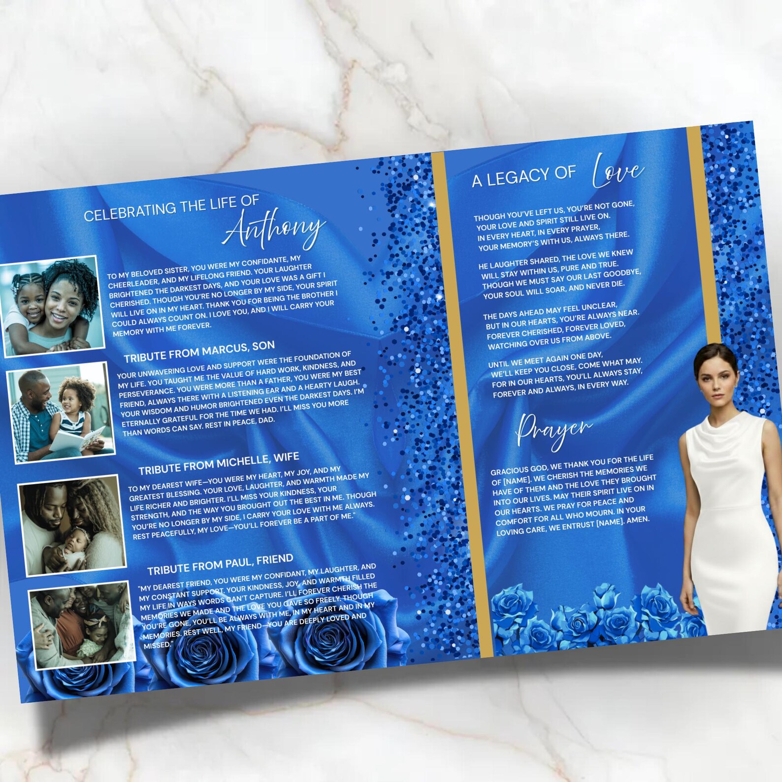 8 Pages Blue Roses Funeral Program Template - Elegant Memorial Service ...
