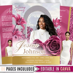 8-Page Pink Roses Funeral Program Template, Bi-Fold Memorial Program, Obituary Template, Celebration of Life, Editable Digital Download