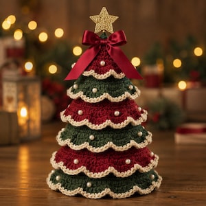 May include: A crocheted Christmas tree decoration featuring alternating dark green and deep red tiered layers with scalloped cream-colored edges. The tree is adorned with small white faux pearls and topped with a gold glitter star and a dark red satin bow.