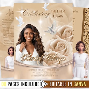Beige Floral Funeral Program Template, Celebration of Life Invite (Digital Download)
