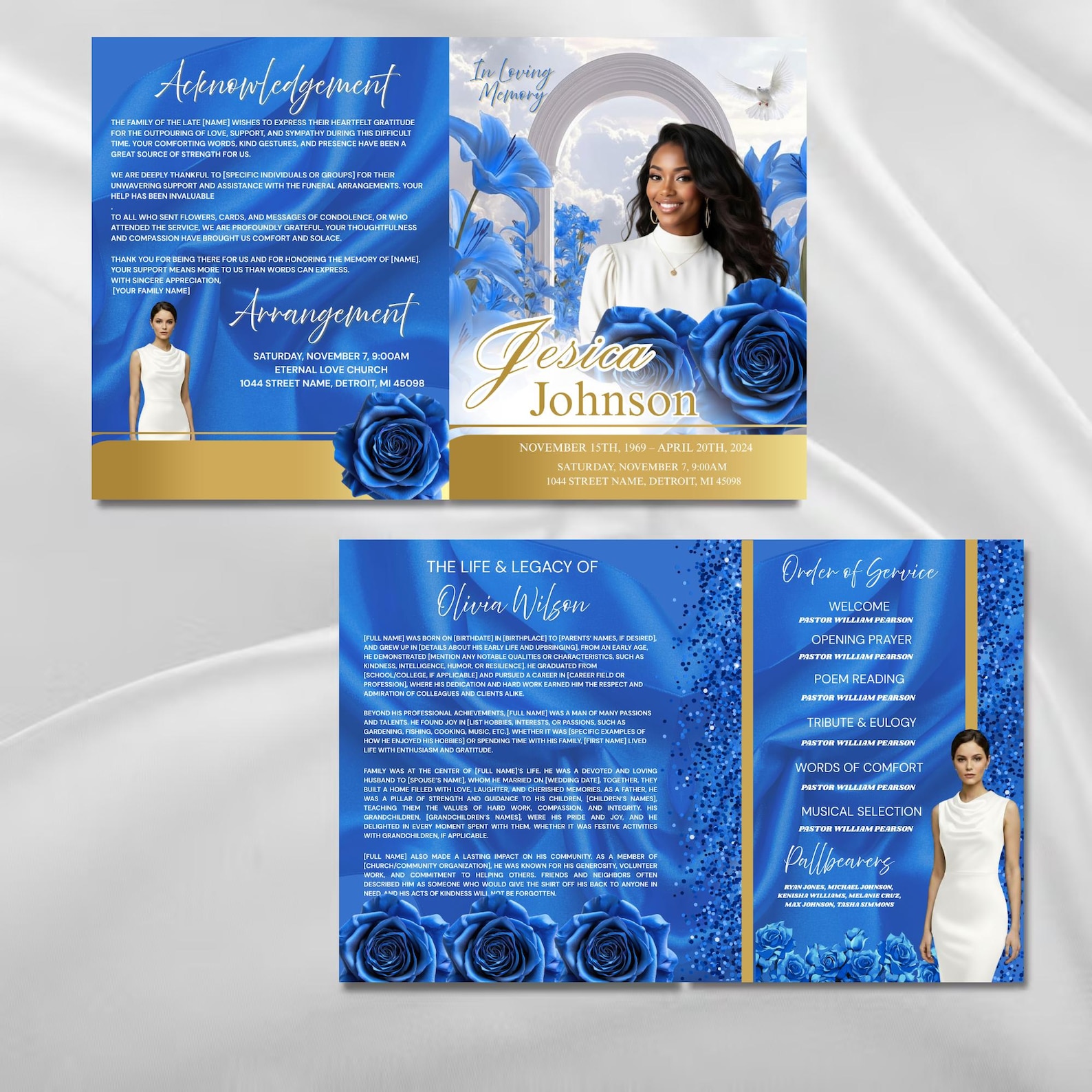 8 Pages Blue Roses Funeral Program Template - Elegant Memorial Service ...