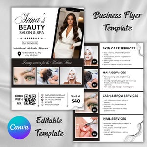 May include: A black and white business flyer template for Arina's Beauty Salon & Spa. The flyer includes services for skincare, hair, lash & brow, and nails. The flyer is editable with Canva.