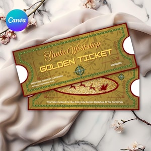 Pode incluir: Dois bilhetes dourados com bordas vermelhas e verdes. Os bilhetes dizem "Santa Workshop GOLDEN TICKET" com um desenho de bússola. A parte inferior do bilhete diz "This Ticket Is Good For One Entry Into Santa's Workshop At The North Pole."