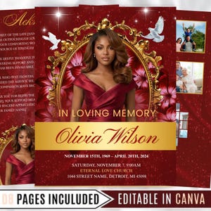 Könnte beinhalten: Eine Gedenkservice-Vorlage mit burgunderrotem Hintergrund, goldenen Akzenten und einem Foto einer Frau in einem roten Kleid. Der Text lautet "In Loving Memory Olivia Wilson" mit Daten und Servicedetails. Enthält "08 PAGES INCULUDED EDITABLE IN CANVA".