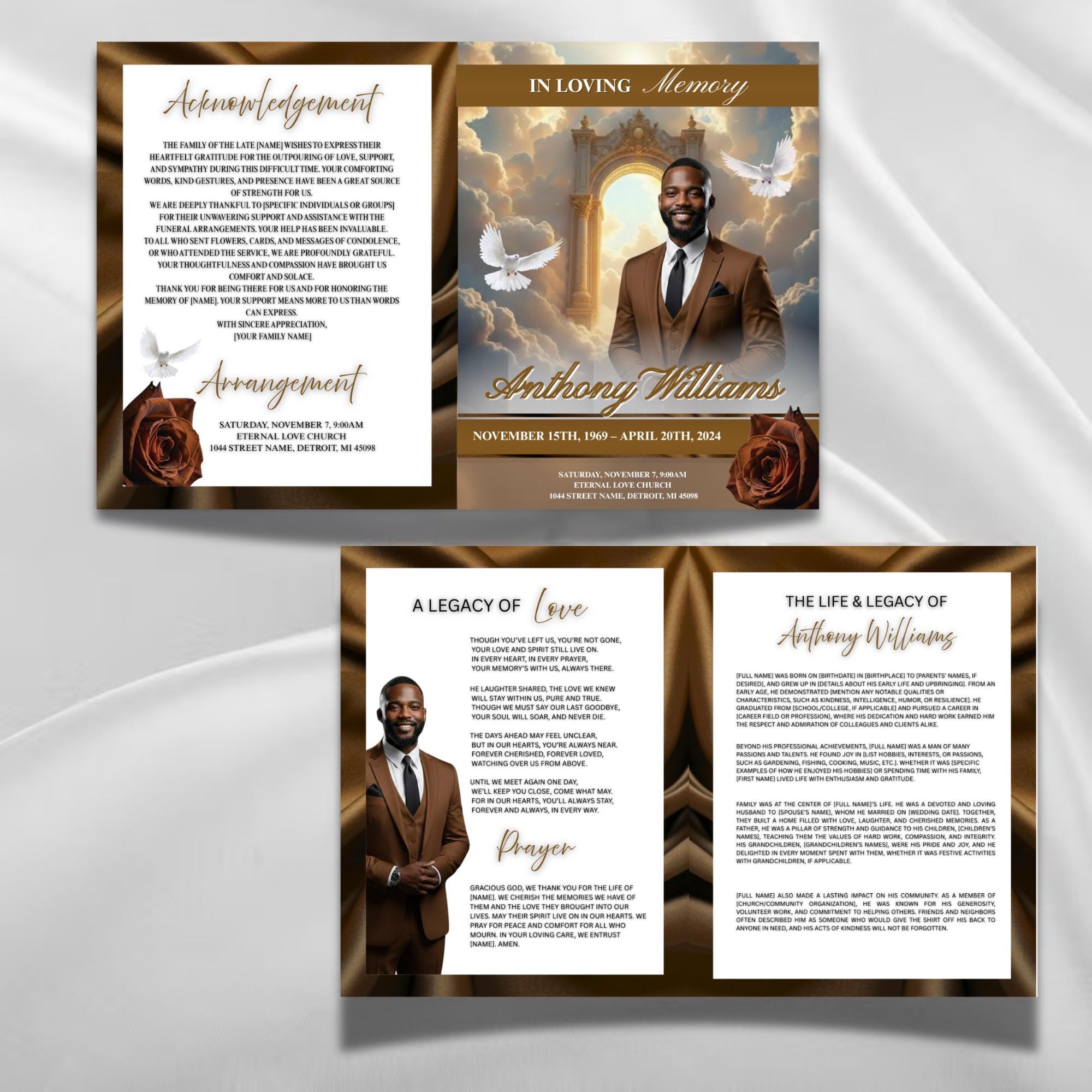 Dark Brown Roses Funeral Program Template, Canva Template, in the ...