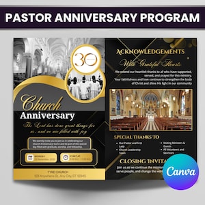 May include: A Pastor Anniversary Program flyer with a black and gold design. The flyer includes text that says "Church Anniversary" and "The Lord has done great things for us, and we are filled with joy." It also includes the date, time, and location of the event.