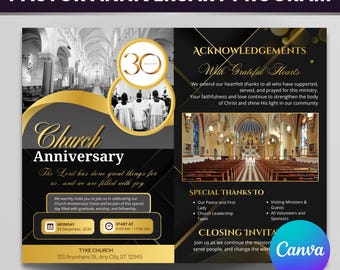 Gold Church Anniversary Program, Editable Canva Template (Digital Download)