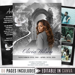 Może przedstawiać: Projekt karty pamiątkowej z tekstem "In Loving Memory" i nazwiskiem "Olivia Wilson". Projekt zawiera obraz w skali szarości kobiety, gołębi i elementów architektonicznych. Karta zawiera również daty i informacje o nabożeństwie.