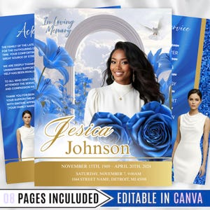 8 Pages Blue Roses Funeral Program Template - Elegant Memorial Service & Obituary Template For Celebrating Life