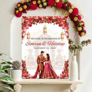 Puede incluir: Un letrero de bienvenida de boda con el texto "Welcome to the Wedding of Simran & Hardeep" y la fecha "December 05, 2030." El letrero está decorado con rosas rojas y faroles colgantes, con una ilustración de una pareja con vestimenta tradicional.