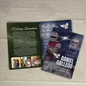 May include: A collection of memorial service cards. One card features the text "A Journey Remembered" with a photo collage. Another card displays "Order of Service." The third card reads "In Loving Memory Daniel Gallego 1 January 1960 - 23 March 2024" with a photo of a football player.