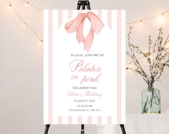 Pilates in Pink Welcome Sign, Blush Bow Canva Template (Digital Download)