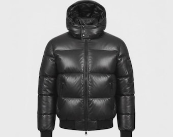 Men Black Leather Puffer Jacket with Hood – Genuine Leather Winter Bomber