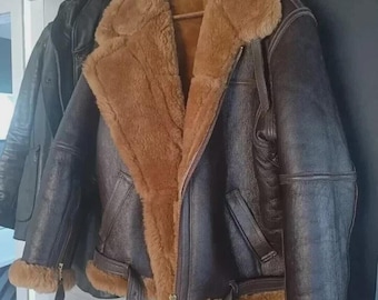 B3 RAF Aviator Bomber Jacket Men Real Shearling Leather Flying Irvin Fur Coat