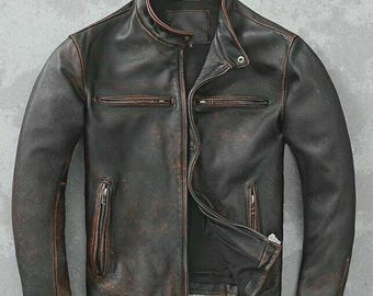 Men’s Motorcycle Biker Vintage Cafe Racer Distressed Black Real Leather Jacket
