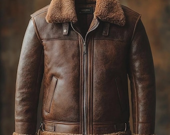 Men's RAF Brown Distressed Bomber Flying Aviator Fur Real Sheep Leather Jacket