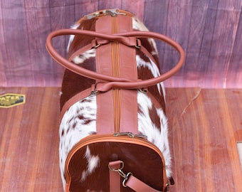 Cowhide Hair On Leather Duffel Bag – Western Travel Luggage, Real Cow Skin Weekender Bag