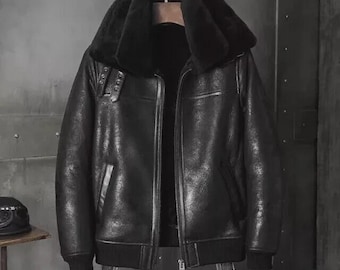 Men's Black B3 RAF Flight Bomber Aviator Sheepskin Shearling Real Leather Jacket