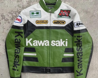 Vintage Kawasaki Racing Jacket: Cowhide Leather Motorcycle Biker Jacket