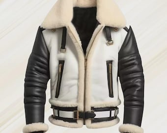 Men's Real Leather RAF Aviator B3 Pilot Flying Bomber Shearling Fur White Jacket