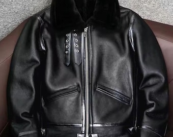 Men’s Black B3 Bomber Jacket - Genuine Sheepskin Shearling Leather Aviator Flight Jacket - Winter Pilot Coat - Real Fur Collar & Lining