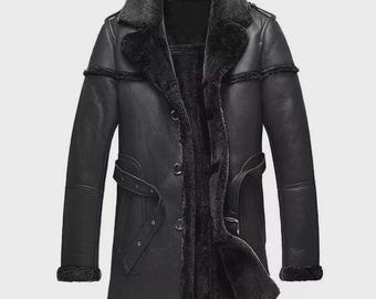 Mens Raf B3 Real Leather Long Coat Aviator Flying Bomber SheepSkin Coat Black