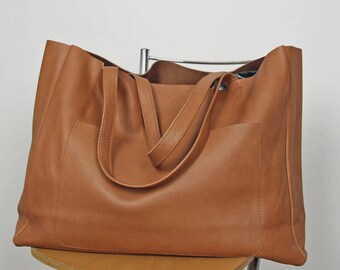 Cognac Leather Tote Bag, Large Capacity Slouchy Shopper
