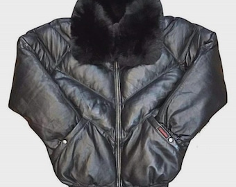 Men's V Bomber Quilted Puffer Black Real Leather Winter Jacket Fur Collar