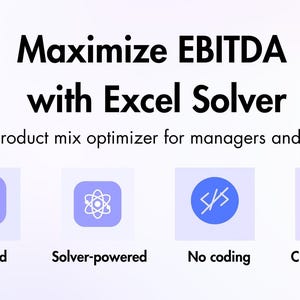 Puede incluir: Gráfico con el texto "Maximize EBITDA with Excel Solver" y el lema "Smart product mix optimizer for managers and analysts". Debajo del texto se muestran cuatro iconos, cada uno con una etiqueta correspondiente: Excel-based, Solver-powered, No coding y Customizable.