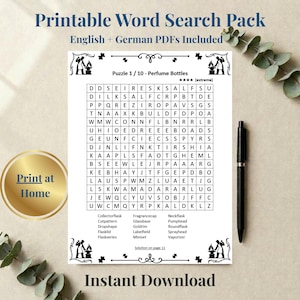 Peut inclure: Une feuille de mots mêlés imprimable intitulée Puzzle 1 / 10 - Perfume Bottles avec une grille de lettres et une liste de mots à trouver. La page comporte des bordures noires décoratives, un stylo noir et un badge doré Print at Home.