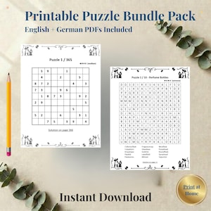Peut inclure: Un pack de puzzles imprimables comprenant deux pages blanches avec du texte et des grilles en noir. Une page présente un Sudoku intitulé Puzzle 1/365, et l'autre un jeu de mots mêlés intitulé Puzzle 1/10 - Perfume Bottles avec une liste de mots.