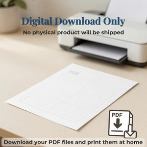Peut inclure: Une feuille de papier blanche avec une mise en page lign&eacute;e pos&eacute;e sur un bureau. Le texte indique Digital Download Only, No physical product will be shipped, et Download your PDF files and print them at home, avec une ic&ocirc;ne PDF.