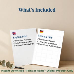 Peut inclure: Deux feuilles de documents num&eacute;riques blanches intitul&eacute;es What's Included. La feuille de gauche affiche le drapeau britannique et le texte : English PDF, Printable Puzzles, Solutions Included, Printer-Friendly PDF. La feuille de droite affiche le drapeau allemand et le texte : German PDF, Druckbare R&auml;tsel, L&ouml;sungen enthalten, Druckerfreundliches PDF.