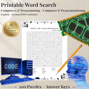 May include: A printable word search puzzle sheet titled Trees as Data Structures with a grid of letters, a yellow pencil, green computer RAM sticks, a blue computer monitor displaying the word CODE, and a digital human head silhouette graphic.