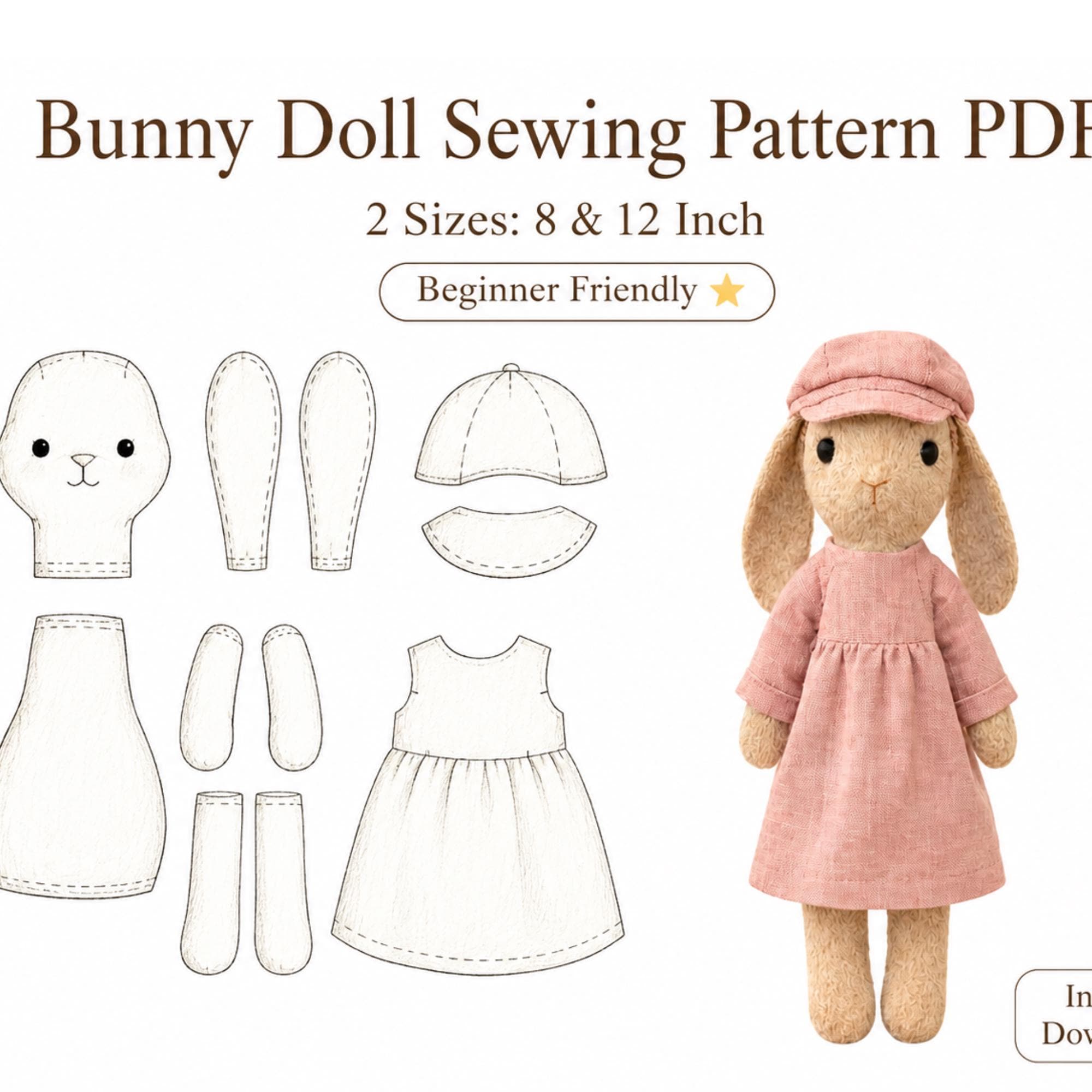 Stuffed Bunny PDF Pattern, Linen Dress & Cap, Plush Rabbit Instant ...