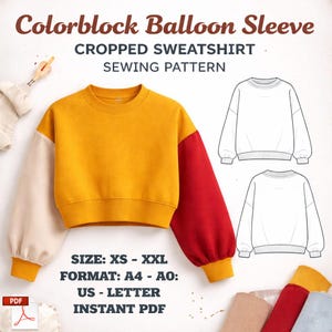 Color Block Sweatshirt Sewing Pattern, Oversized Cropped Pullover (A4 PDF)