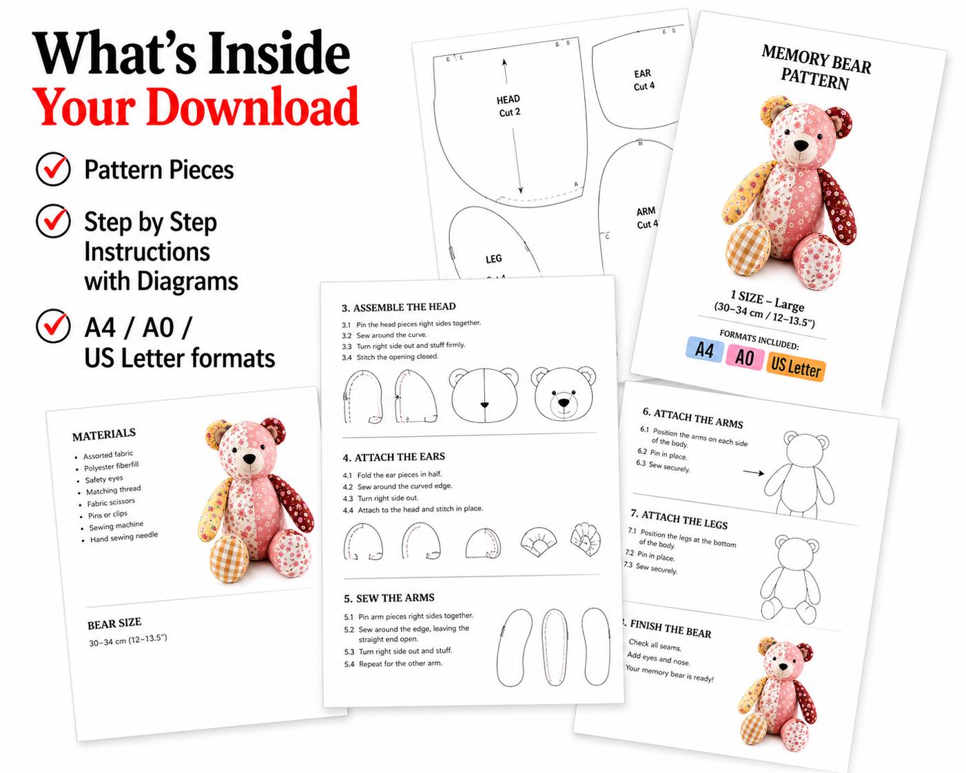 Memory Bear Sewing Pattern PDF | Large Size | A4 A0 US Letter | Instant ...