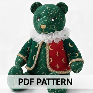Memory Bear Sewing Pattern, Celestial Plush Toy, Velvet Jacket Victorian Ruffle Collar PDF Download