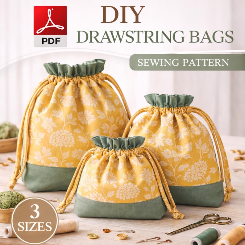 Easy Drawstring Bag Sewing Pattern: 3 Sizes, Beginner DIY (PDF) - Etsy